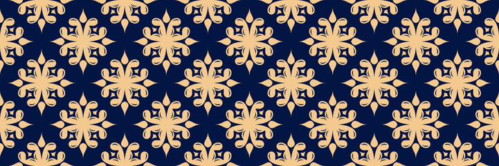 Floral print. Golden seamless pattern on dark blue background
