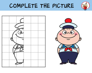 Complete the picture of a funny little sailor. Copy the picture. Coloring book. Educational game for children. Cartoon vector illustration