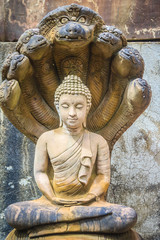 Beautiful Buddha statue made of sand stone and cover with Naga heads. Stone Buddha statue with seven Phaya Naga heads. Outdoor stone seated Buddha image protected by 7 heads Naga spreads cover on top.