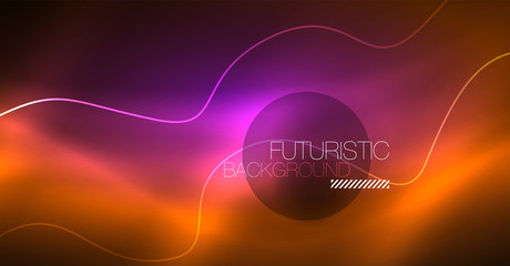 Abstract shiny glowinng color wave design element on dark background - science or technology concept