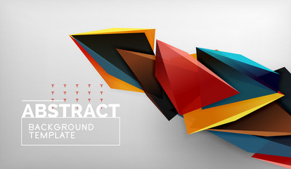 3d geometric triangular shapes abstract background, color triangles composition on grey backdrop, business or hi-tech conceptual wallpaper