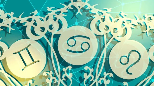 Spinning circle with astrology symbols. Backdrop textured by lines and dots pattern