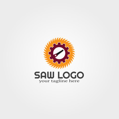 wood saw logo template with gear , vector logo for business corporate, tools, construction, illustration.