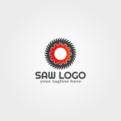 wood saw logo template with gear concept or vector icon for business corporate, tools, construction