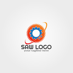 wood saw logo template with gear concept or vector icon for business corporate, tools, construction