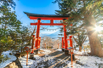 The entrance gate to the shrine in Nagano, Japan during the winter season