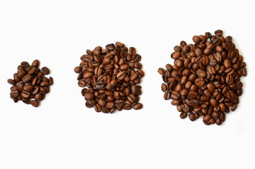 three Bunch of Roasted coffee beans  on white background