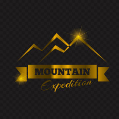 Golden peak mountain emblem design. Gold mountain label design Vector illustration.