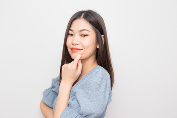 Happy young smiling asian women on white background