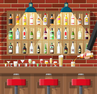 Drinking establishment. Interior of pub, cafe or bar. Bar counter, chairs and shelves with alcohol bottles. Glasses, lamp. Wooden and brick decor. Vector illustration in flat style