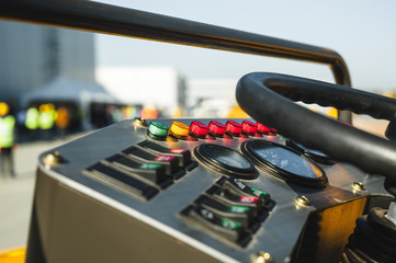 Industrial Vehicle. Heavy Construction Equipment Machine.  asphalt roller, view inside the cabin...