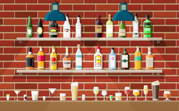 Drinking establishment. Interior of pub, cafe or bar. Bar counter, shelves with alcohol bottles, lamp. Wooden and brick decor. Vector illustration in flat style
