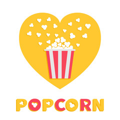 Popcorn popping. Red yellow strip box package. Heart shape. I love cinema movie night icon Flat design style. Fast food. Yellow background Red white text.