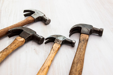 Set of vintage hammer tool for carpenter wood working the head steel and wood handle