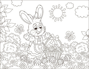 Little Easter bunny with a decorated basket and colorfully painted eggs among flowers, black and white vector illustration in a cartoon style for a coloring book