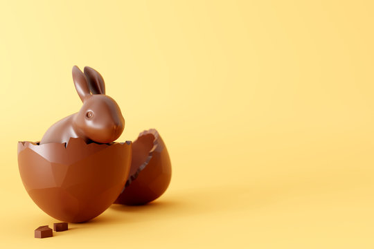 Easter chocolate bunny with egg on yellow background. 3d rendering
