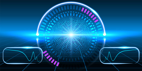 Fantastic HUD display with infographics, electronic circuit, graphs and round diagram