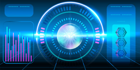 Fantastic HUD display with infographics, electronic circuit, graphs and round diagram