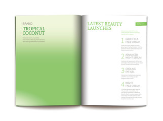 Vector empty template design for glossy cosmetic magazine. Magazine or catalog spread, blank page for new skin care complex