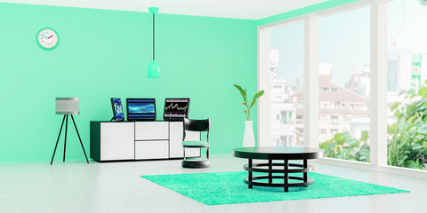 Fototapeta premium Modern working room interior, 3 black desktop computer put on a white drawer in front of green wall, a lamp and flower pot place on marble floor, Cool tone room, Scandinavian style, 3D rendering