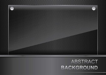 Glass on a metal background.Dark vector card.Glass frame for text