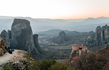 Landscape of Meteora, a rock formation in central Greece hosting one of the largest and most precipitously built complexes of Eastern Orthodox monasteries, second in importance only to Mount Athos.