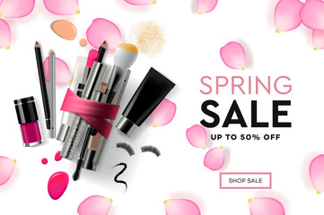 Web page design template for Spring Sale cosmetics, makeup course, natural products, body care. Modern design vector illustration concept for website and mobile website development.