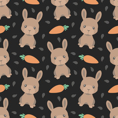 Seamless Easter bunny pattern with brown cartoon rabbits and carrots on dark black background