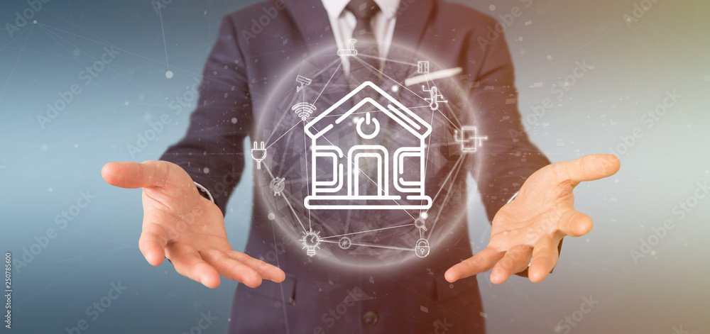 Poster businessman holding smart home interface with icon, stats and data 3d rendering
