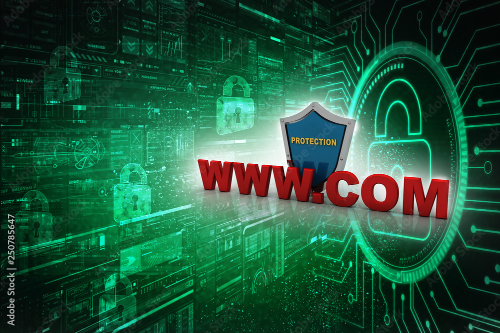 Poster 3d rendering www.com with shield