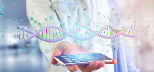 Man holding a 3d rendering data coded Dna with binary file around