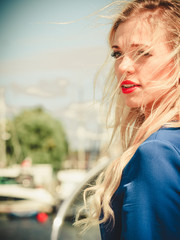 Fashion model wearing blue navy shirt