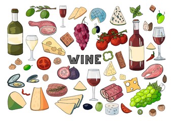Bid hand drawn set with wine, different cheese, grape, vegetables isolated on white background. Vector doodle wine set
