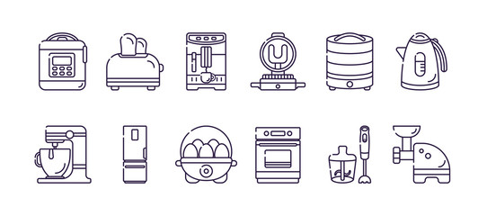 Kitchen electric appliances for cooking. Vector flat transparent icons in linear style on white background. Isolated objects