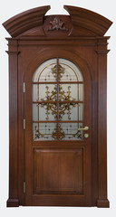 wooden doors with stained-glass windows, forged grills and ornaments architectural detail on an isolated background