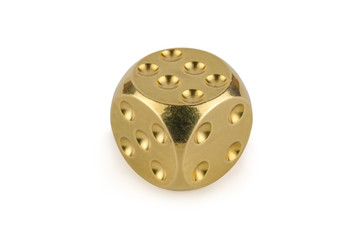 One golden dice isolated on white background. Six, with a shadow.