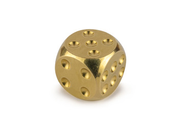 One golden dice isolated on white background. Five, with a shadow.