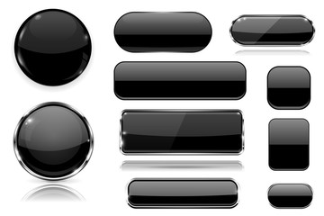 Black glass buttons. Collection of 3d icons - obrazy, fototapety, plakaty