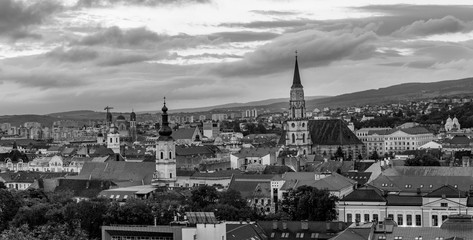 The Franciscan Church and St. Michael's Church black and white photo in Cluj-Napoca, Romania