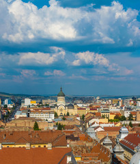Fototapeta premium CLUJ-NAPOCA, ROMANIA - August 21, 2018: The Dormition of the Theotokos Cathedral viewed from St. Michael's Church in Cluj-Napoca, Romania.