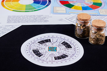 Circle for divination tarot on the background of astrological charts, magical potions and...
