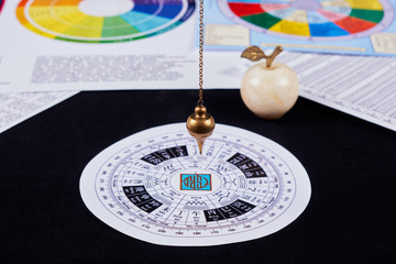Astrological pendulum for tarot and astrological circle on the background of astrological charts,...
