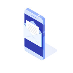 Isometric Smartphone with email notification. Get E-mail concept. Vector illustration