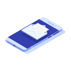 Isometric Smartphone with email notification. Get E-mail concept. Vector illustration