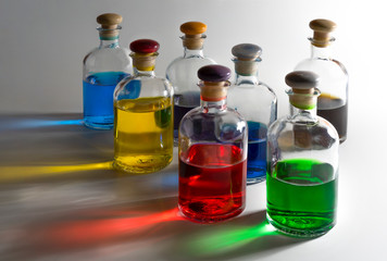 Bottles with colored liquid