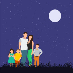 vector, isolated, family with children walks in the park, flat style, evening