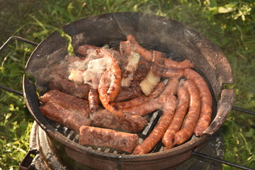  barbecue in Romania,, spicy sausages and bacon