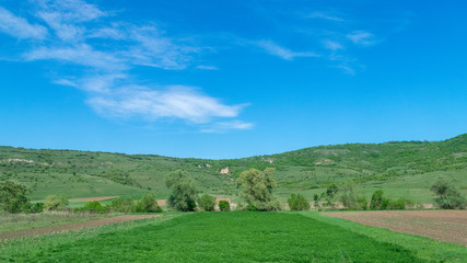 Beautiful agricultural fields against a blue sky