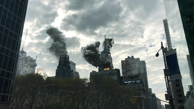 New York under Attack in war illustration Powerful Video Compisting simulates Real footage with visual effects elements of New York Empire state building and manhattan under attack with smoke and dest