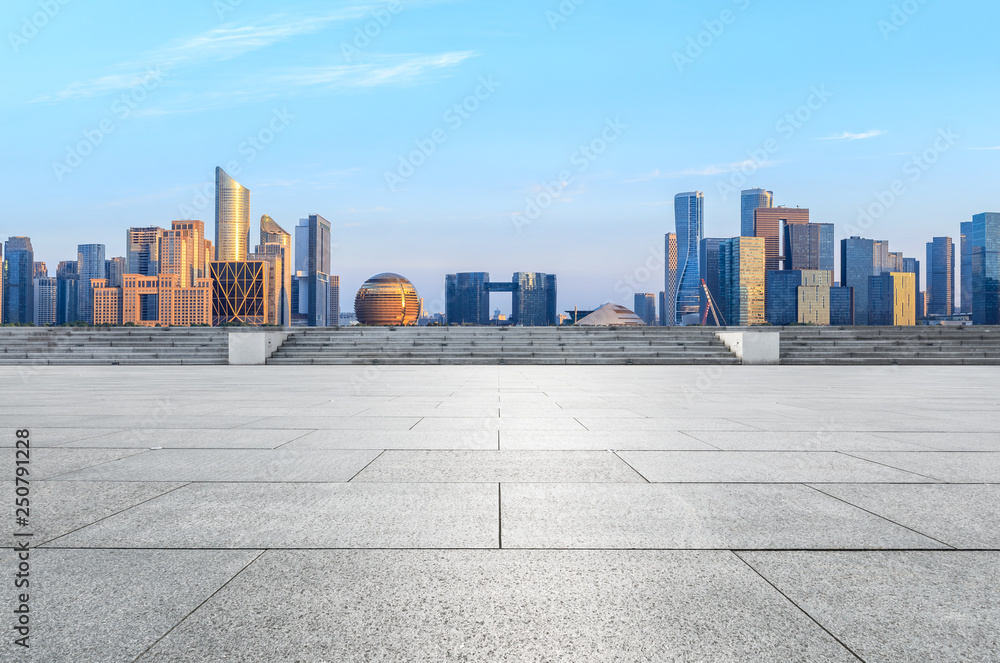 Wall mural empty square floor and hangzhou city skyline with buildings